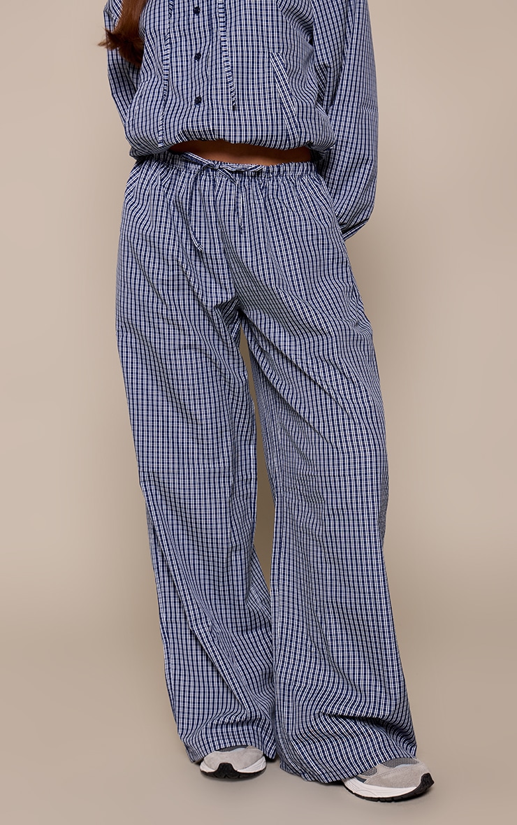 Navy Checked Print Drawstring Wide Leg Trouser image 2