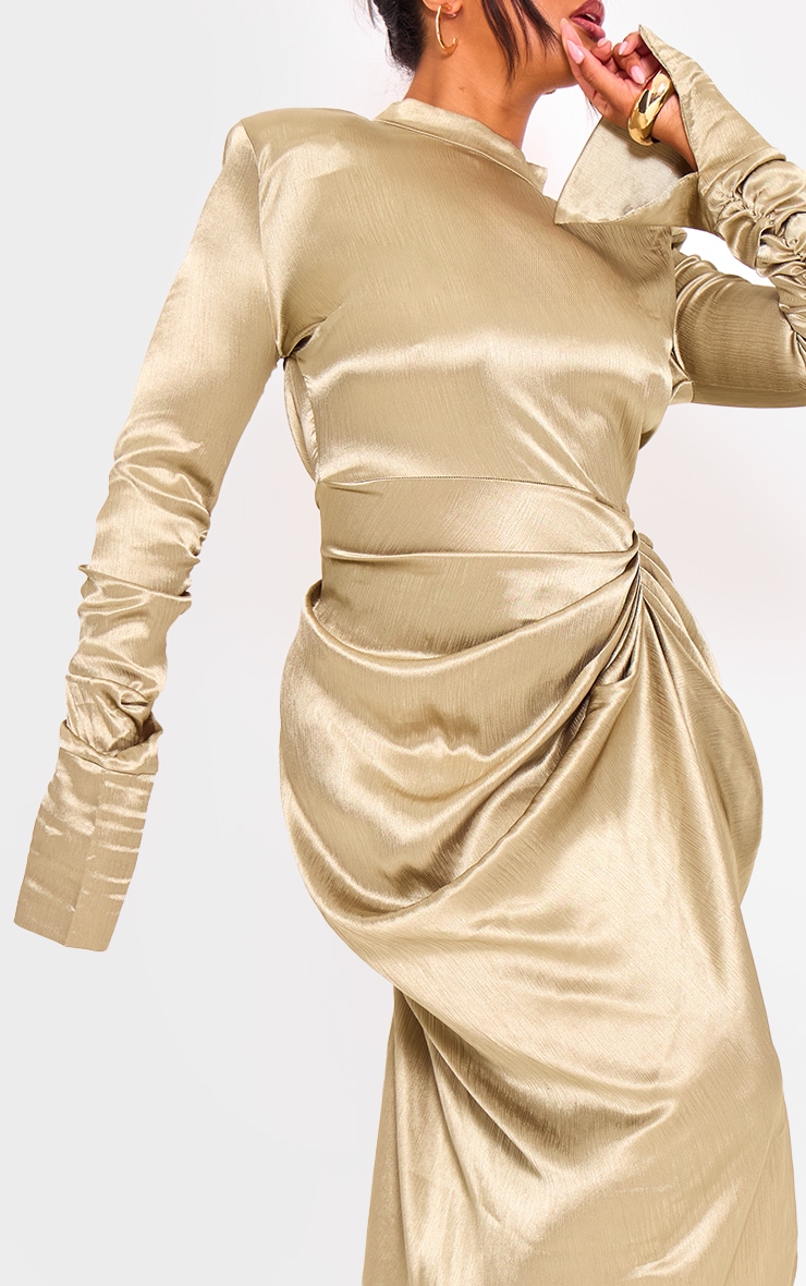 Plus Olive High Neck Ruching Detail Satin Midi Dress image 4