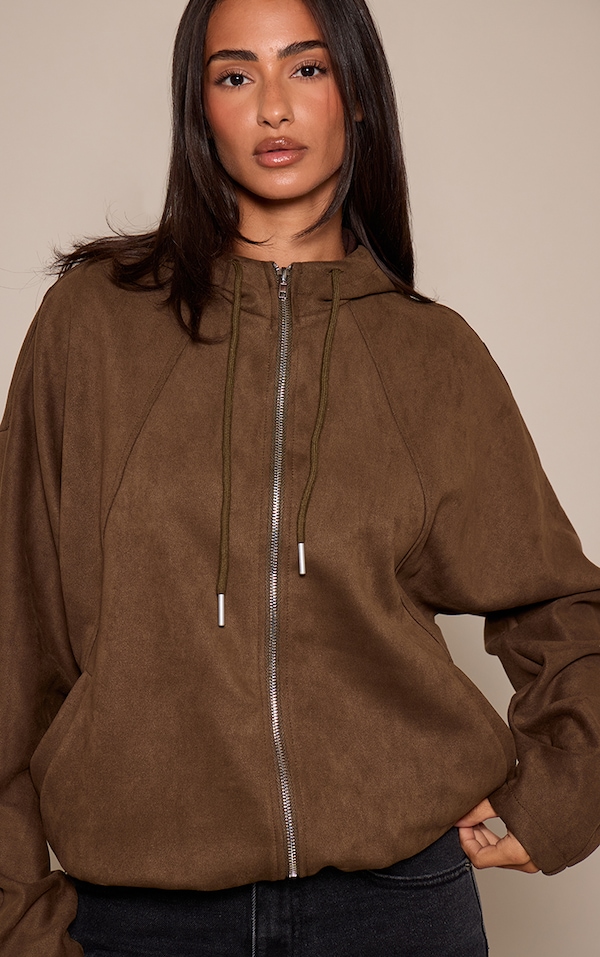 Petite Khaki Suede Hooded Zip Up Bomber Jacket