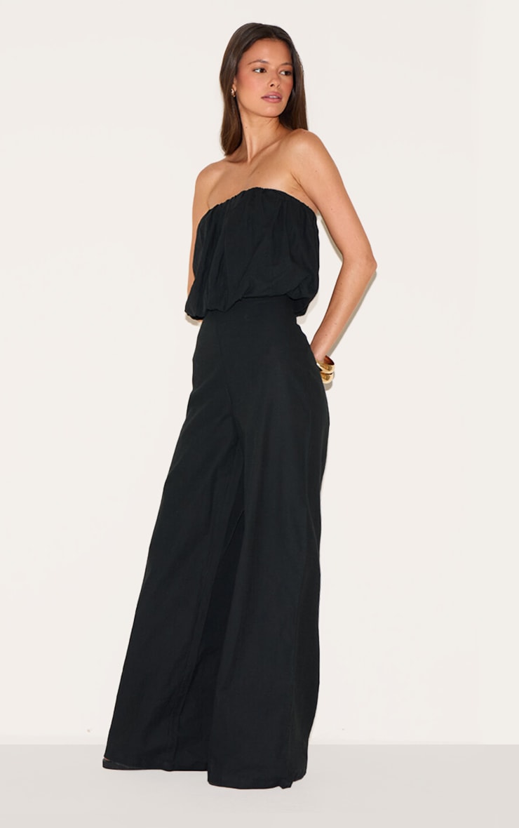 Black Cotton Puffball Bandeau Straight Leg Jumpsuit image 3