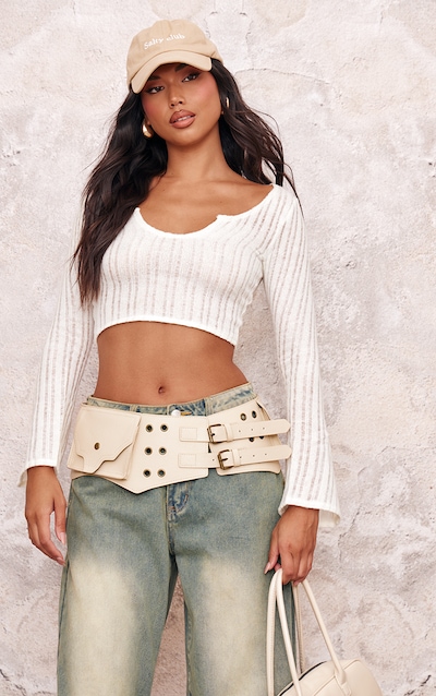 Stone Knit Textured Flare Sleeve Notch Neck Top