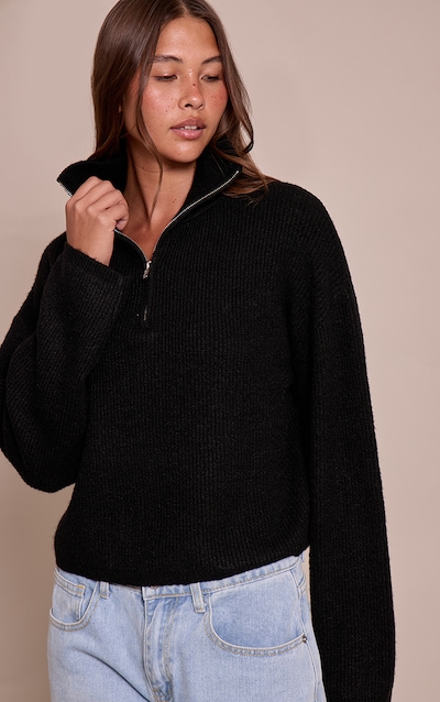 Pull en maille tricot douce noire à demi-zip
