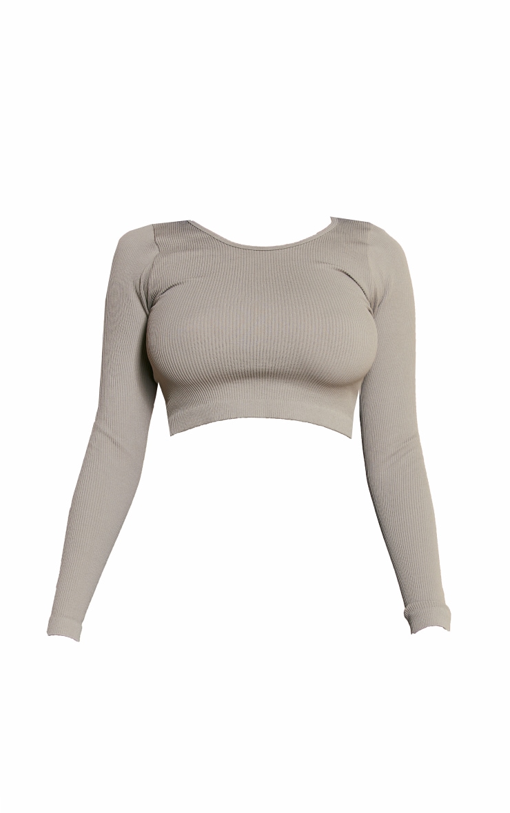 Moss Grey Structured Contour Ribbed Round Neck Long Sleeve Crop Top image 5