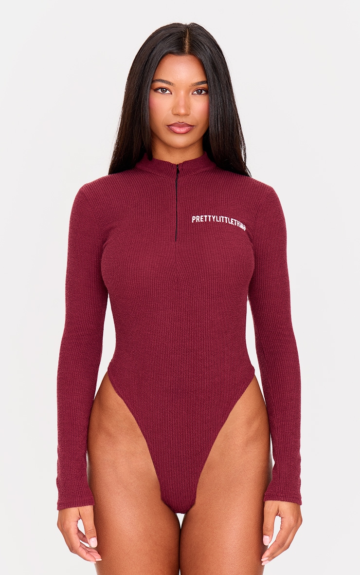 PRETTYLITTLETHING Plum Crinkle Rib Half Zip Bodysuit image 2