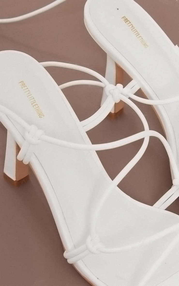 White PU Square Toe Lace Up Front Mid Heeled Sandals image 4