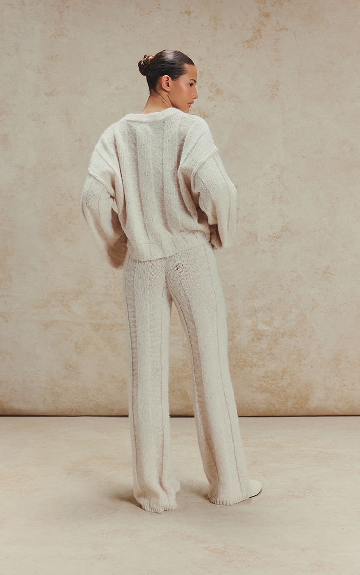 Pull en maille tricot épaisse côtelée avoine à col ras image 2