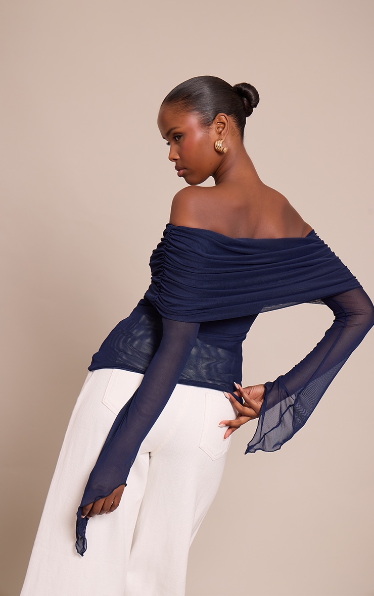 Navy Mesh Fold Over Extreme Sleeve Detail Top image 2