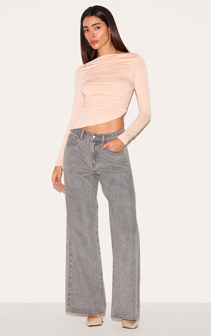 Cream Ruched Detail Asymmetric Hem Long Sleeve Top image 3
