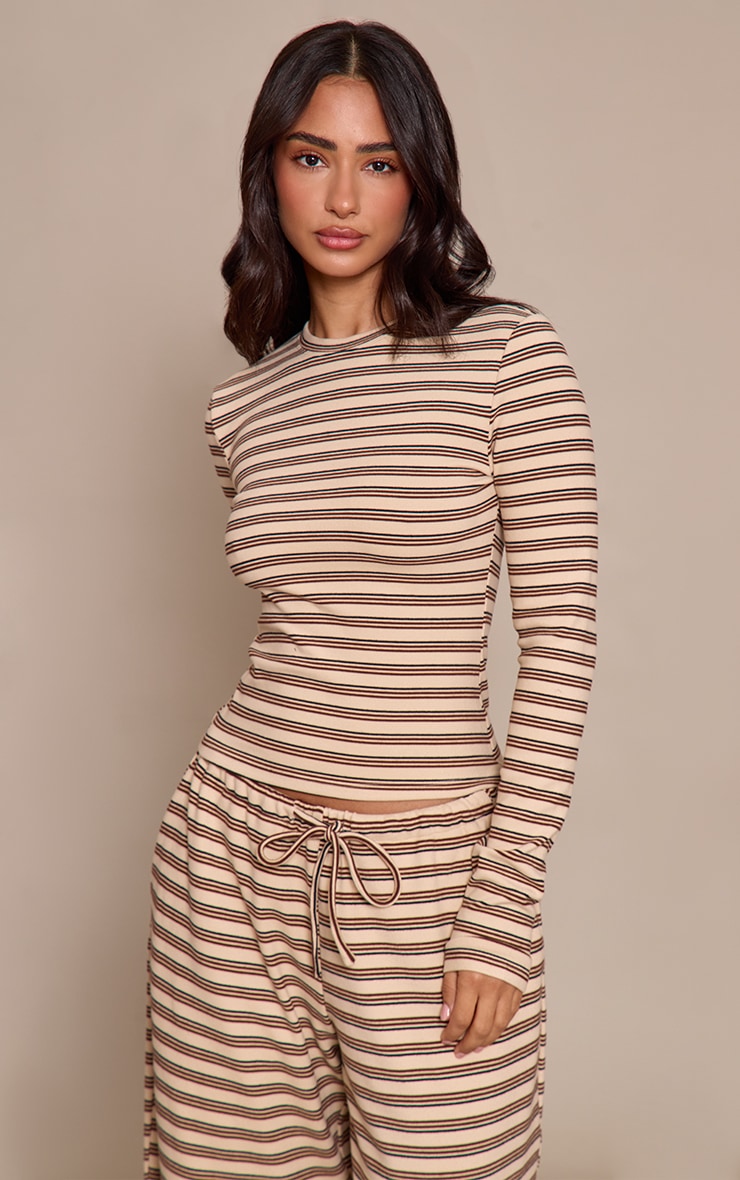 Petite Beige Striped Soft Fleece Long Sleeve Top image 1