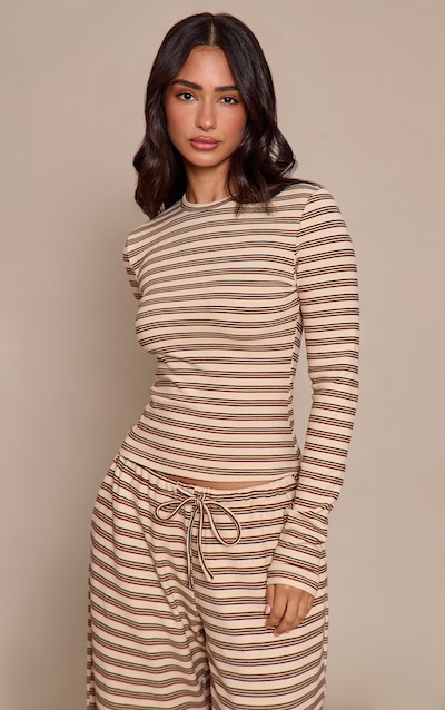 Petite Beige Striped Soft Fleece Long Sleeve Top