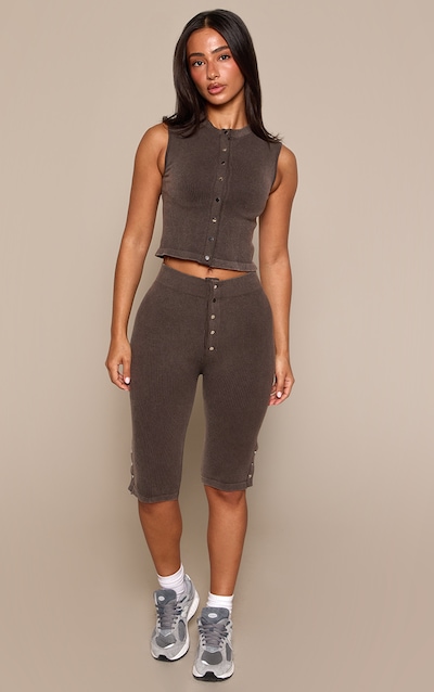 Petite Chocolate Contour Rib Popper Detail Capri Pants