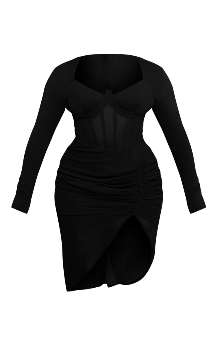 Shape Black Corset Detail Long Sleeve Ruched Midi Dress image 5