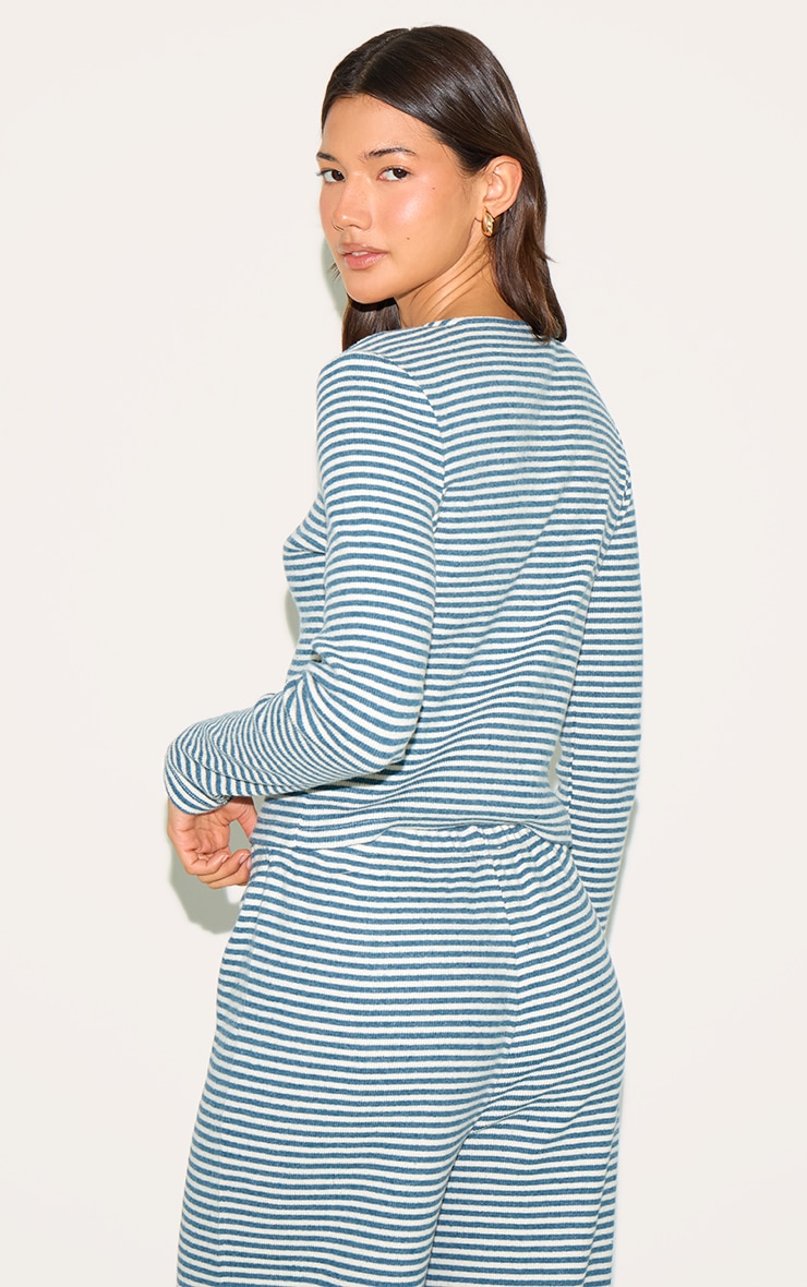 Blue Brushed Rib Striped Long Sleeve Button Up Top image 2