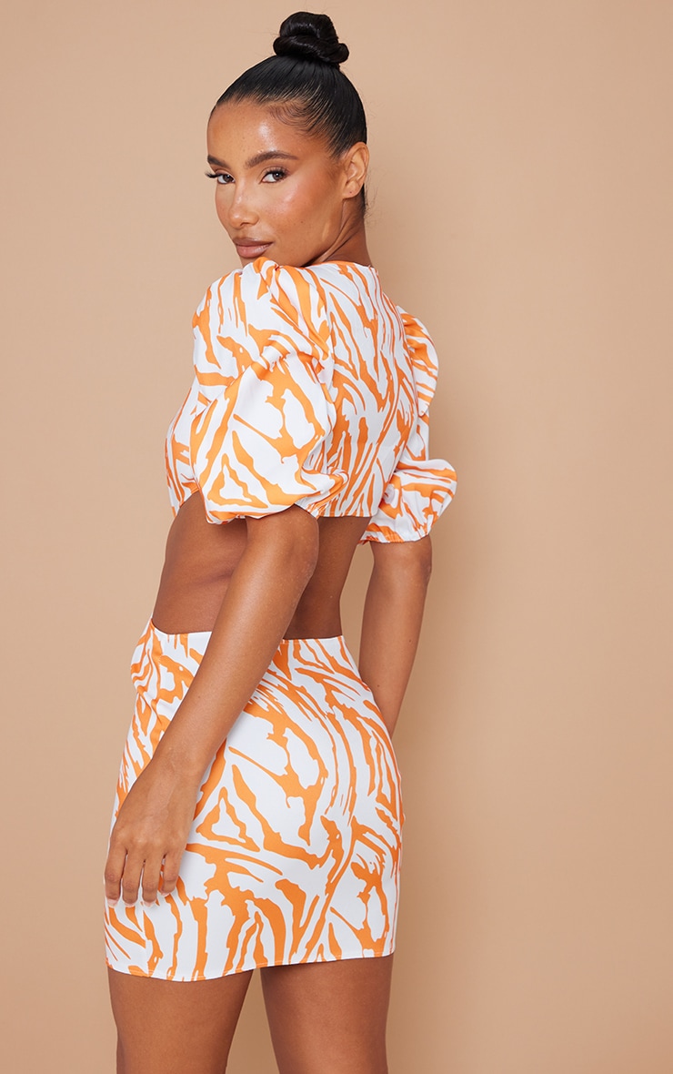 Orange Animal Print Knot Detail Puff Sleeve Shift Dress image 2