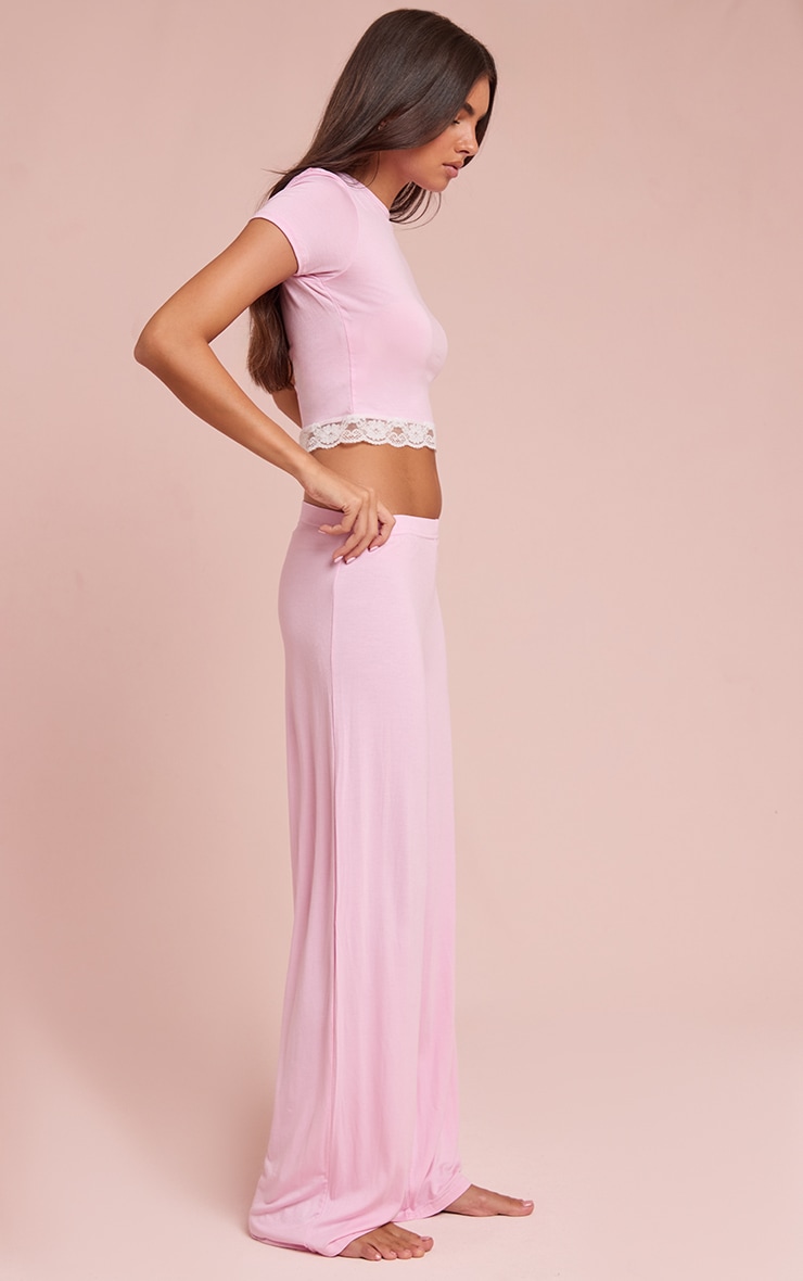 Ensemble de pyjama long en jersey rose layette avec bordure en dentelle image 3