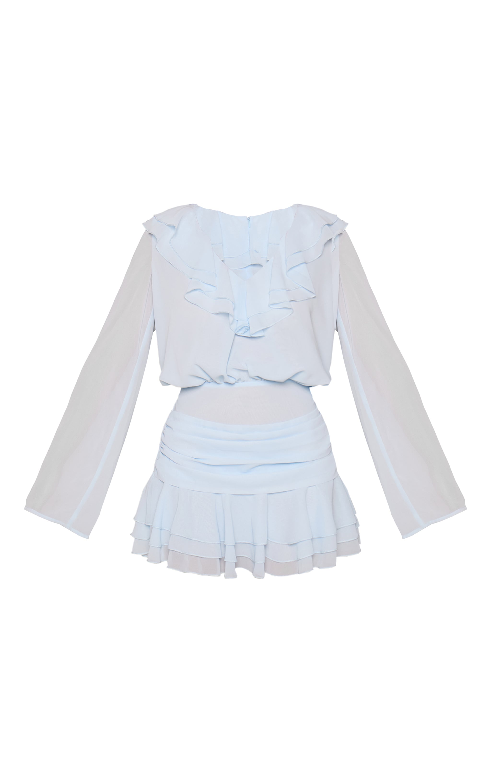 Pale Blue Chiffon Long Sleeve Frill Mini Dress image 5