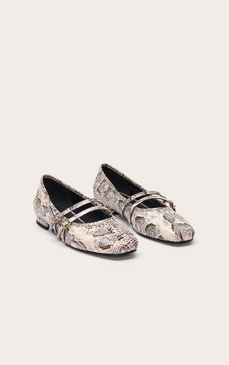 Natural Snake Buckle Strap Square Toe Ballet Flats image 3