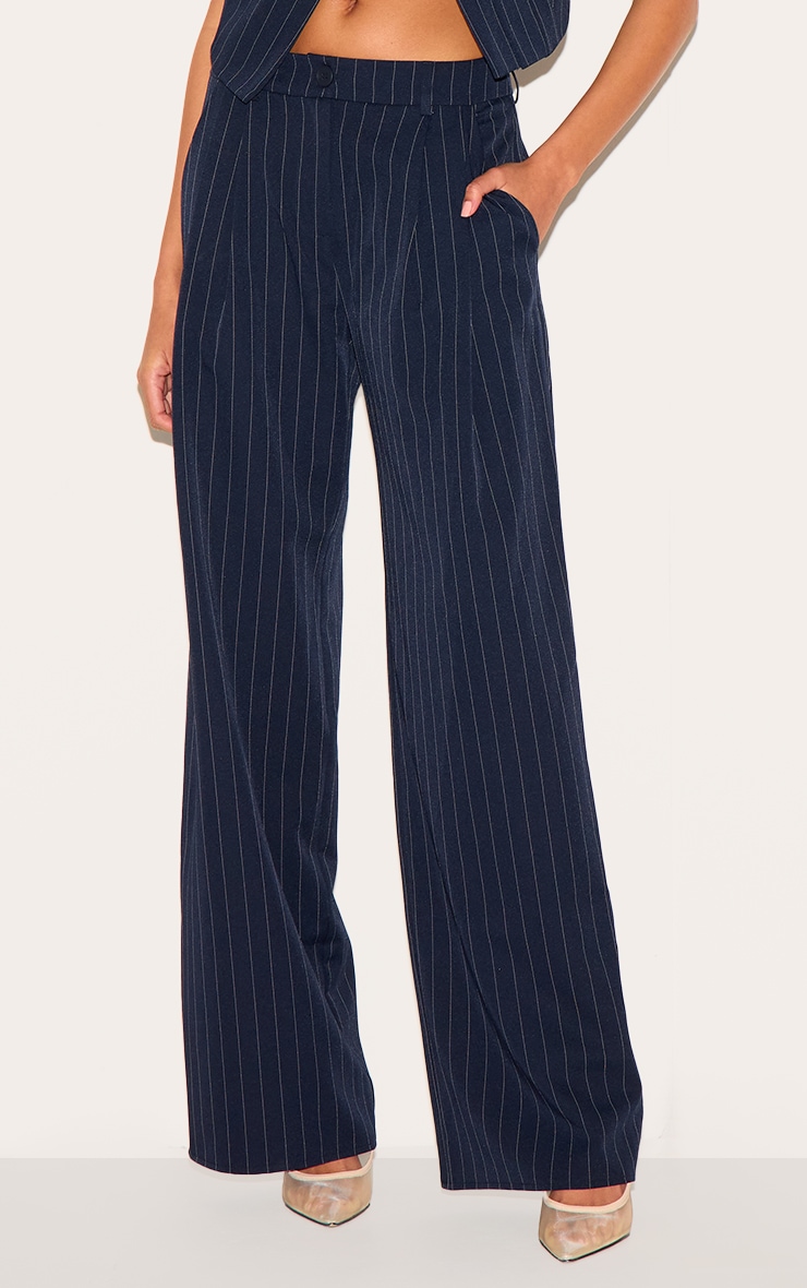 Dark Blue Tailored Woven Stripe Mid Rise Wide Leg Pants image 2
