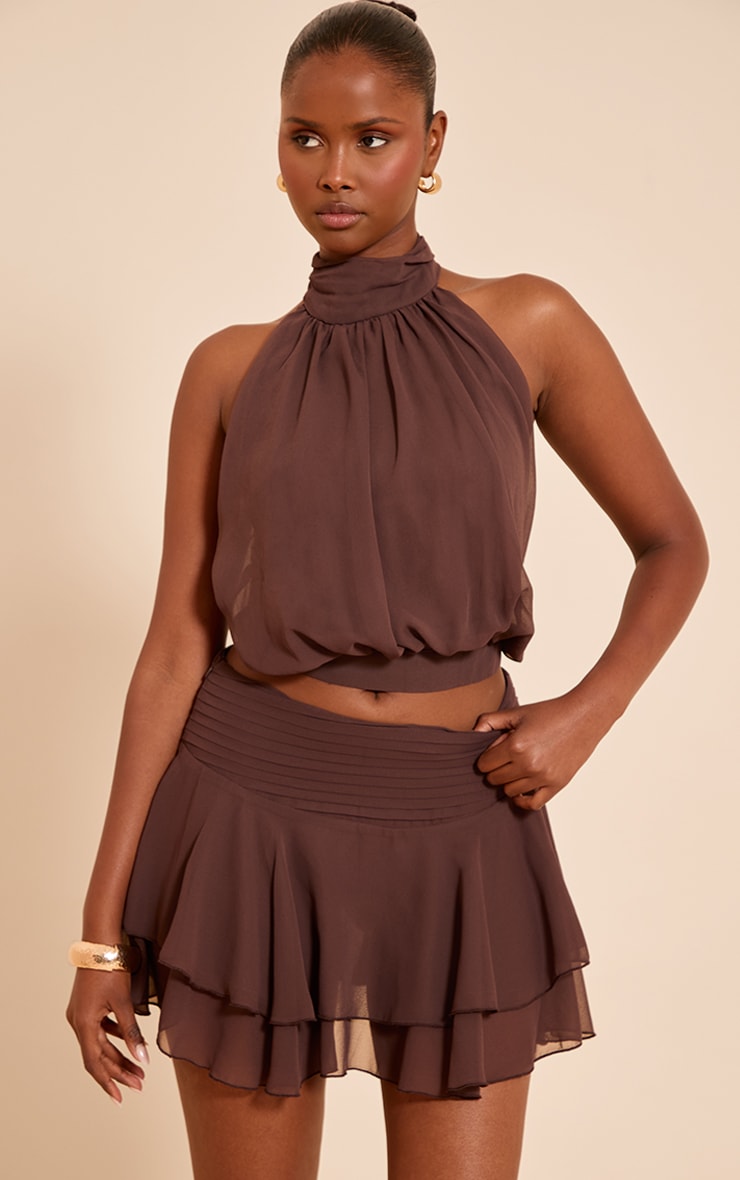 Chocolate Chiffon Pleated Ruffle Mini Skirt image 4
