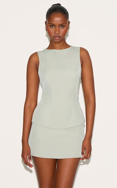 Top long tissé vert sauge kaki sans manches