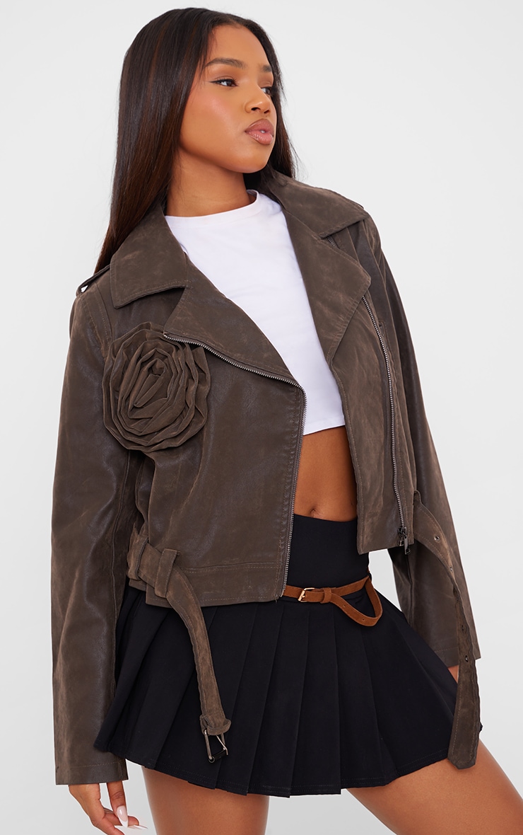 Brown Soft Faux Leather Flower Detail Crop Jacket image 3
