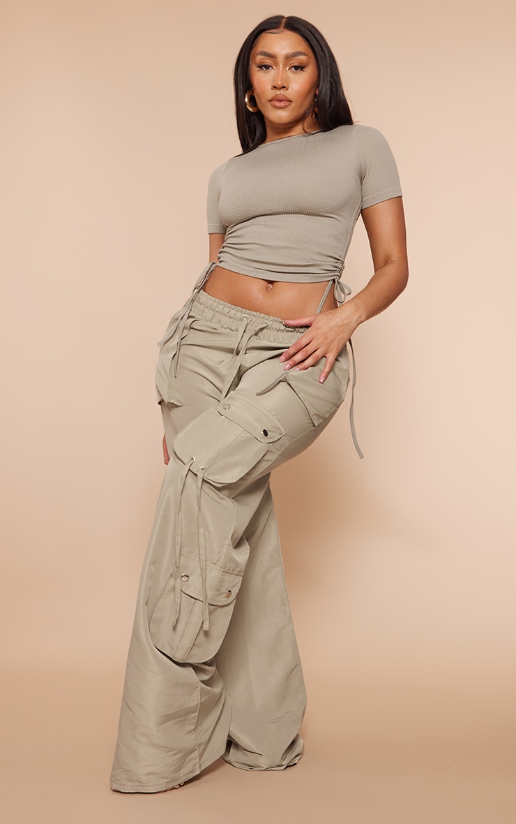 Shape Moss Grey Contour Rib Branded Ruched Side Crop Top image 3