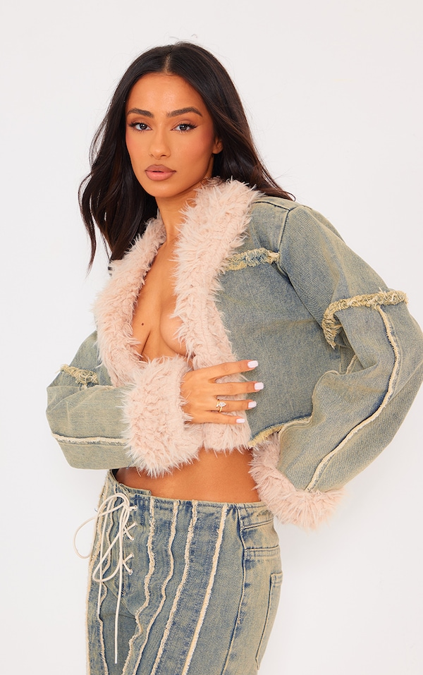 Petite Vintage Wash Trim Crop Denim Jacket PrettyLittleThing