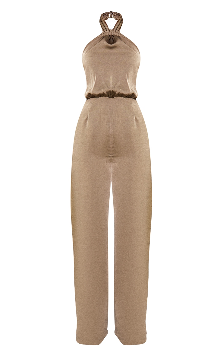 Mocha Satin Halterneck Detail Wide Leg Jumpsuit image 5