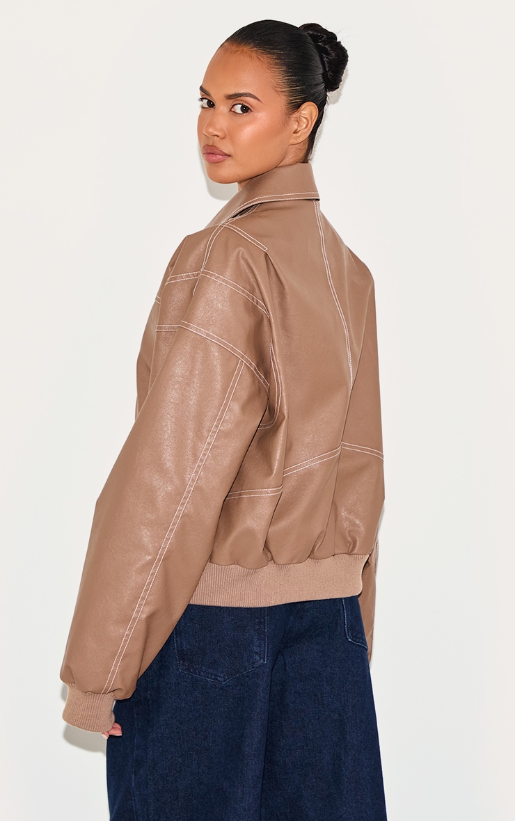 Deep Taupe Faux Leather Stitch Detailing Biker Jacket image 2