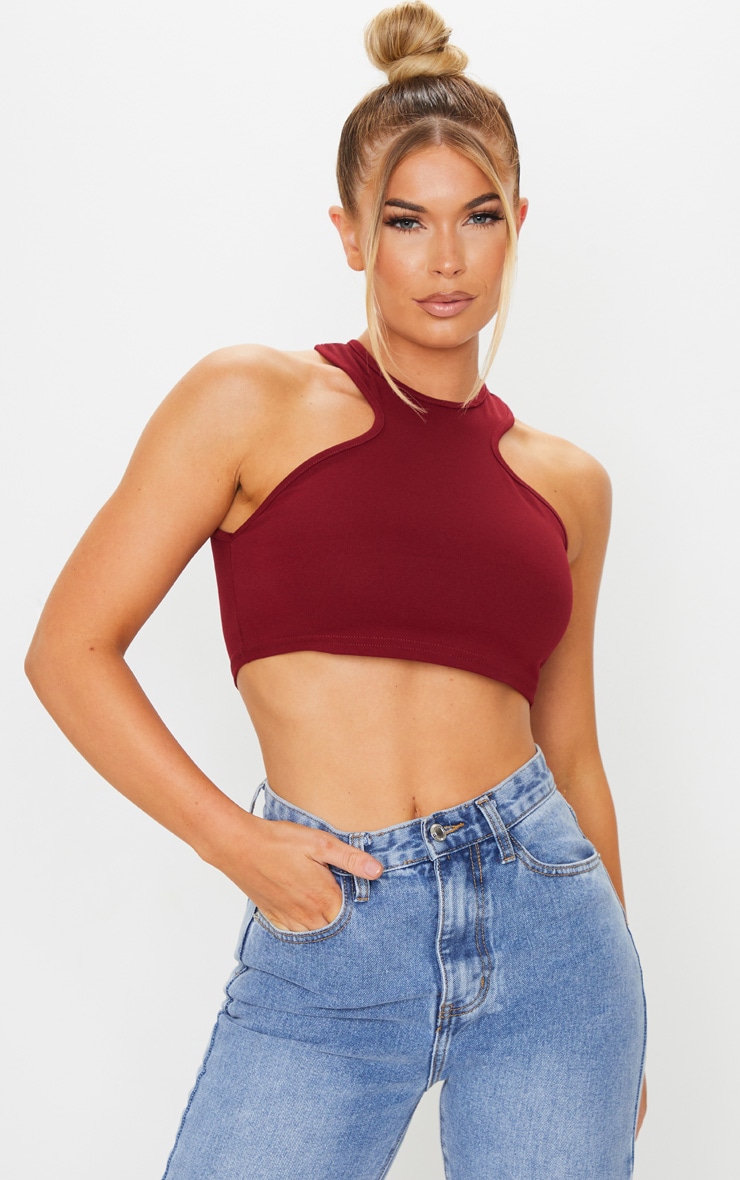 Burgundy Crepe Racer Neck Crop Top
