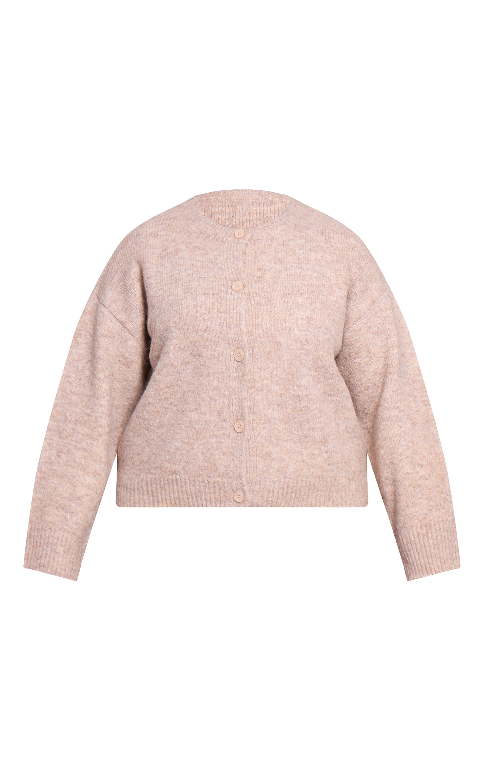 Plus Taupe Brushed Oversized Detail Round Neck Cardigan image 5