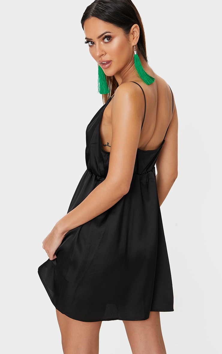 Black Satin Extreme Plunge Shift Dress PrettyLittleThing