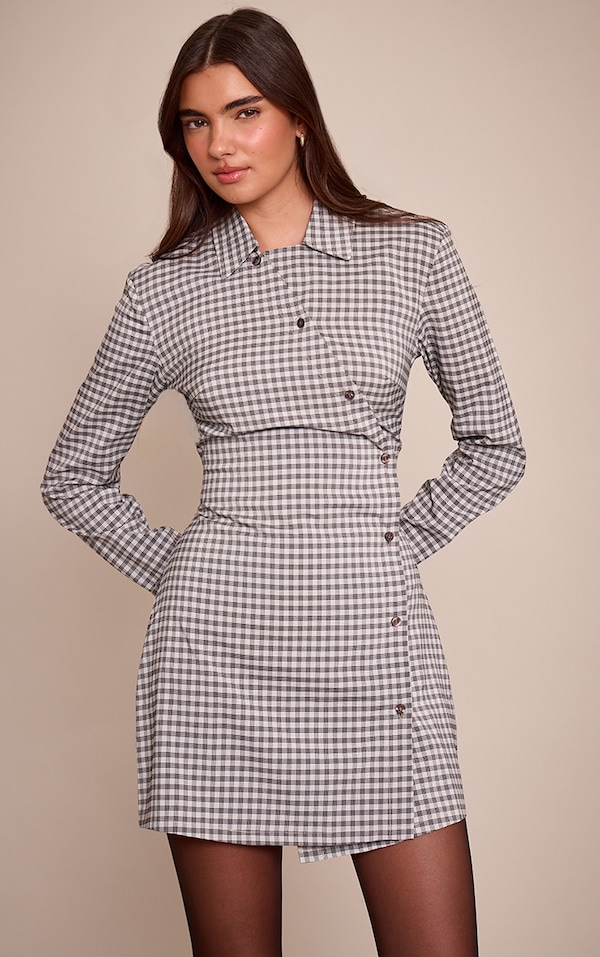 Grey Check Button Down Shirt Dress