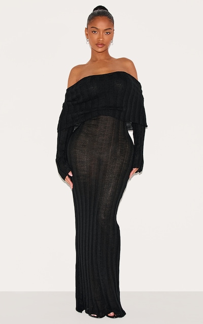 Shape Black Rib Bardot Long Sleeve Maxi Dress