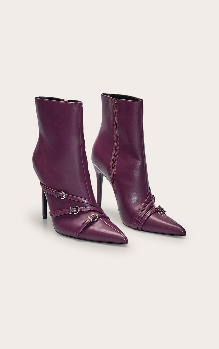 Plum PU Buckle Strap Stiletto Ankle Boot image 3