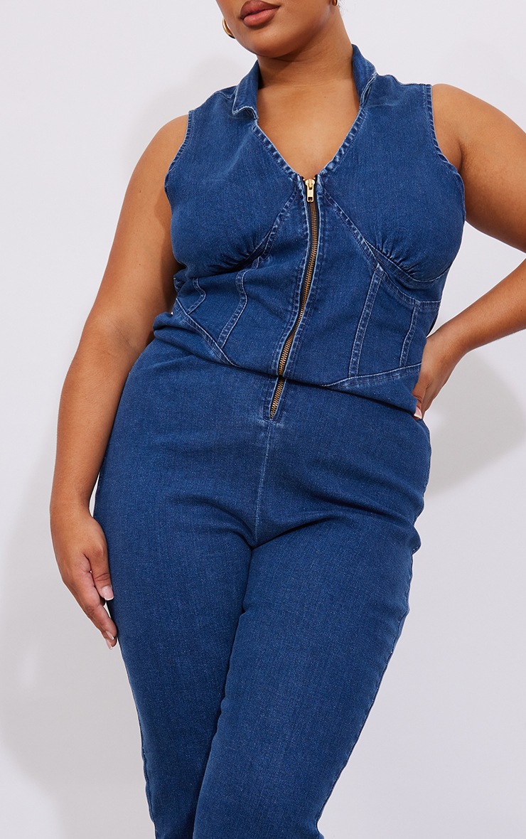 Plus Combinaison en jean bleu moyen délavé sans manches à zip image 4