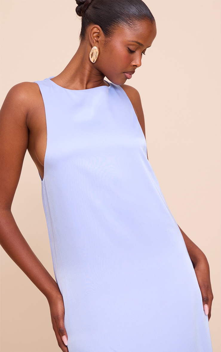 Blue Satin Boat Neck Sleeveless Maxi Dress image 4