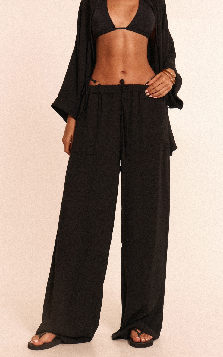 Black Linen Look Drawstring Beach Pants image 2