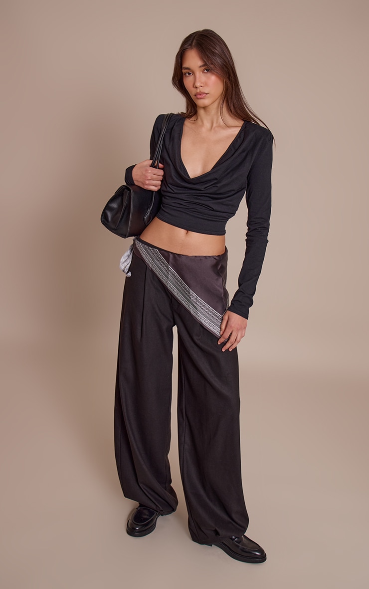 Black Cotton Cowl Neck Shoulder Pad Long Sleeve Top  image 3