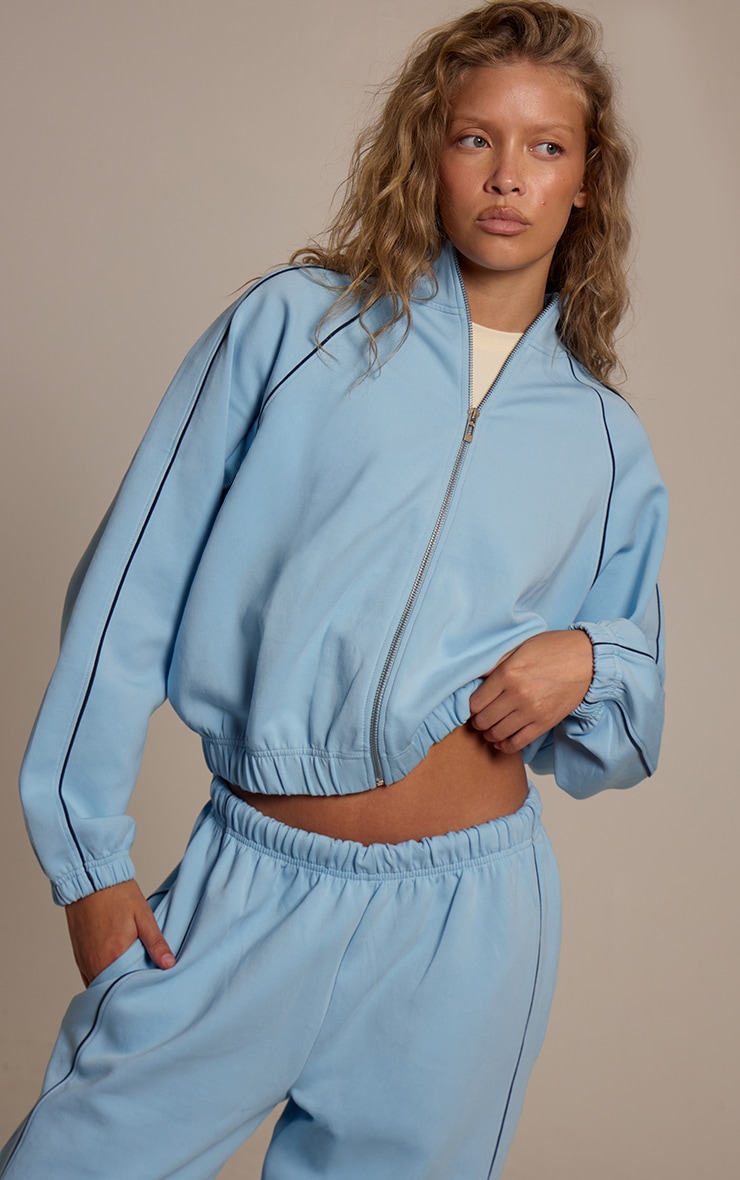 Blue Interlock Contrast Piping Wide Leg Sweatpants image 4