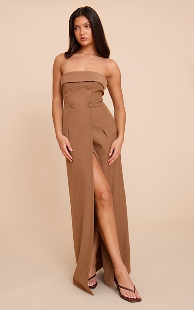 Taupe Tailored Woven Button Split Detail Bandeau Maxi Dress