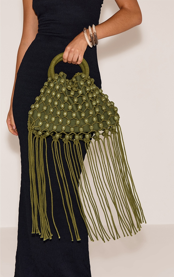 Olive Beaded Weave Bucket Bag image 1