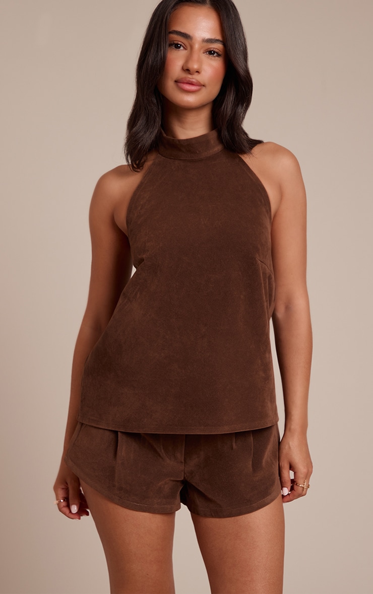 Petite Chocolate Suede Halterneck Top