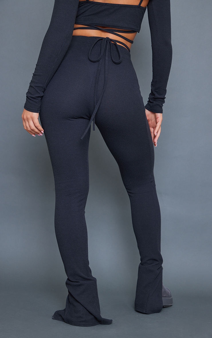 Black Crinkle Rib Split Hem Detail Leggings image 3