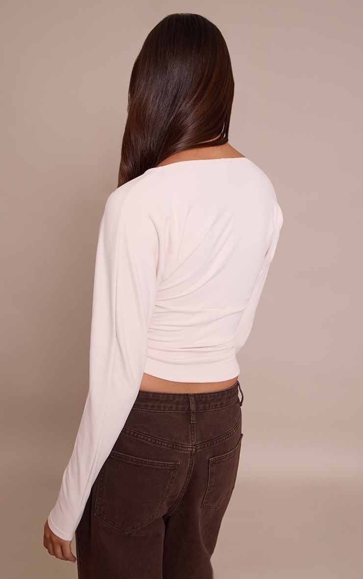 Cream Ultra Soft Plunge Detail Long Sleeve Top image 2