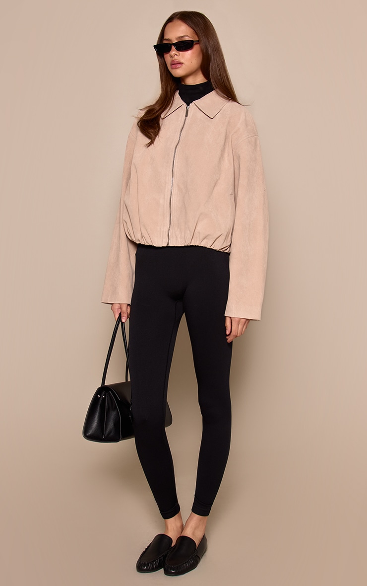 Bone Gathered Hem Zip Up Suede Jacket image 3