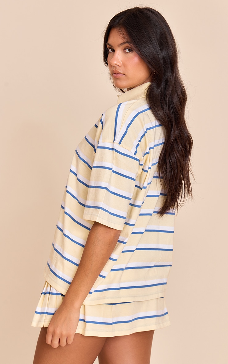  Butter Yellow Striped Oversized Collared T-shirt image 2