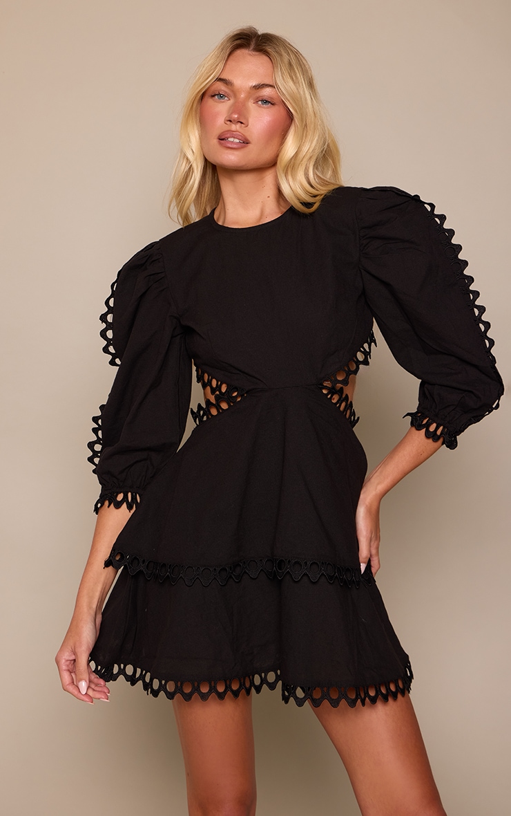 Black Broderie Trim Backless Shift Dress