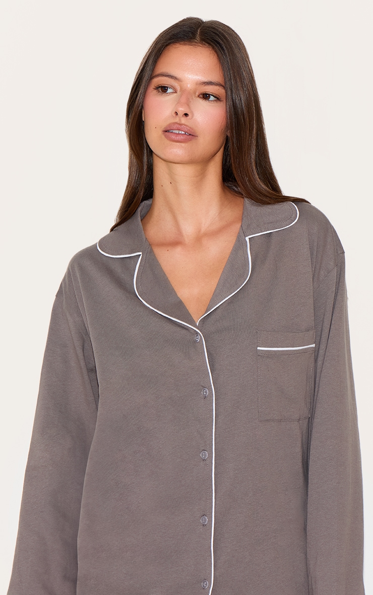 Charcoal Jersey Piping Long Pj Set image 4