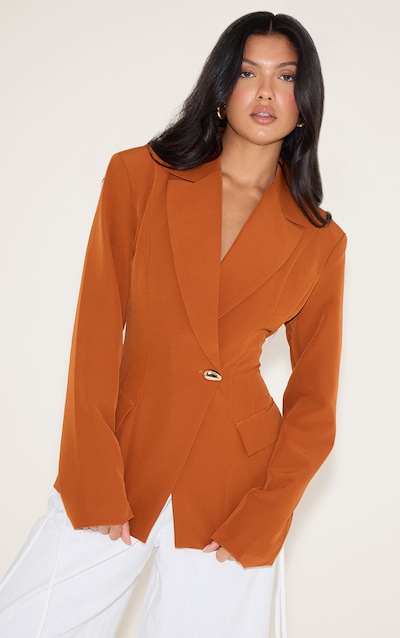 Rust Cinch Waist Lapel Point Detail Blazer